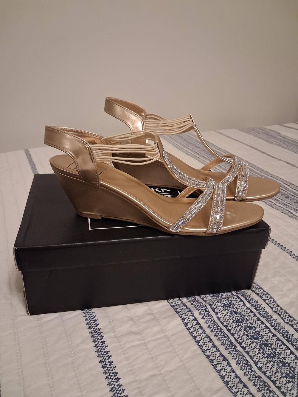 New York Transit Gold Wedge Sandals with Rhinestone Straps